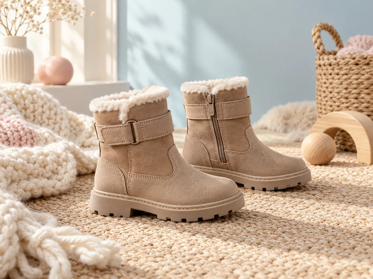 Composición editorial: un par de botas beige con hebillas y borde claro de textura afelpada, sobre una alfombra.