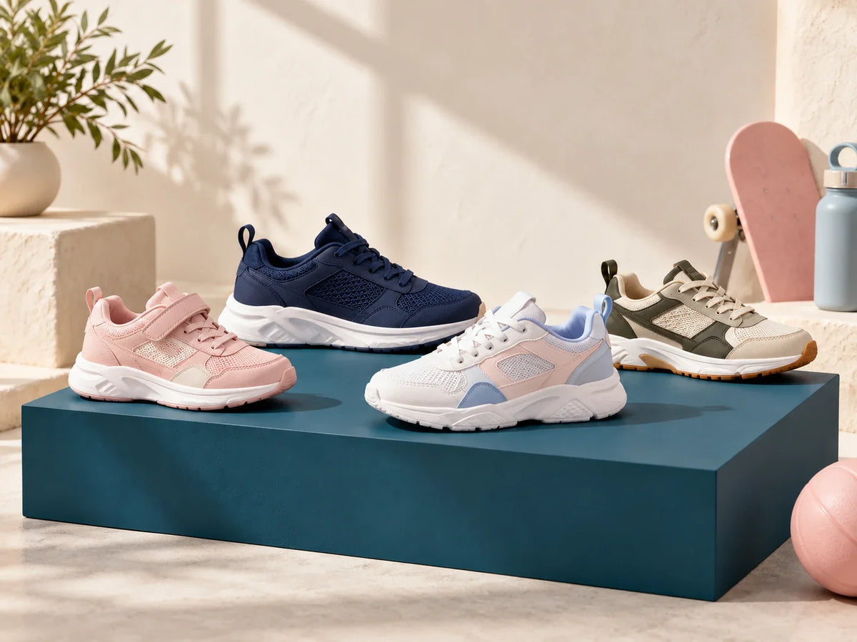 Composición editorial: cuatro zapatillas deportivas en rosa, azul oscuro, blanco y beige, sobre una base azul.