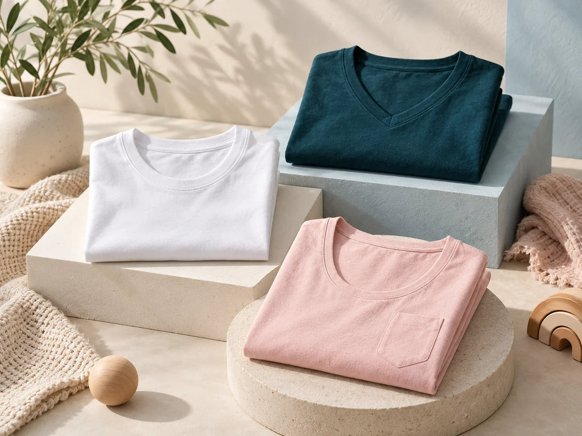 Composición editorial: tres camisetas dobladas, blanca, azul oscuro y rosa, sobre bases de distintas alturas.