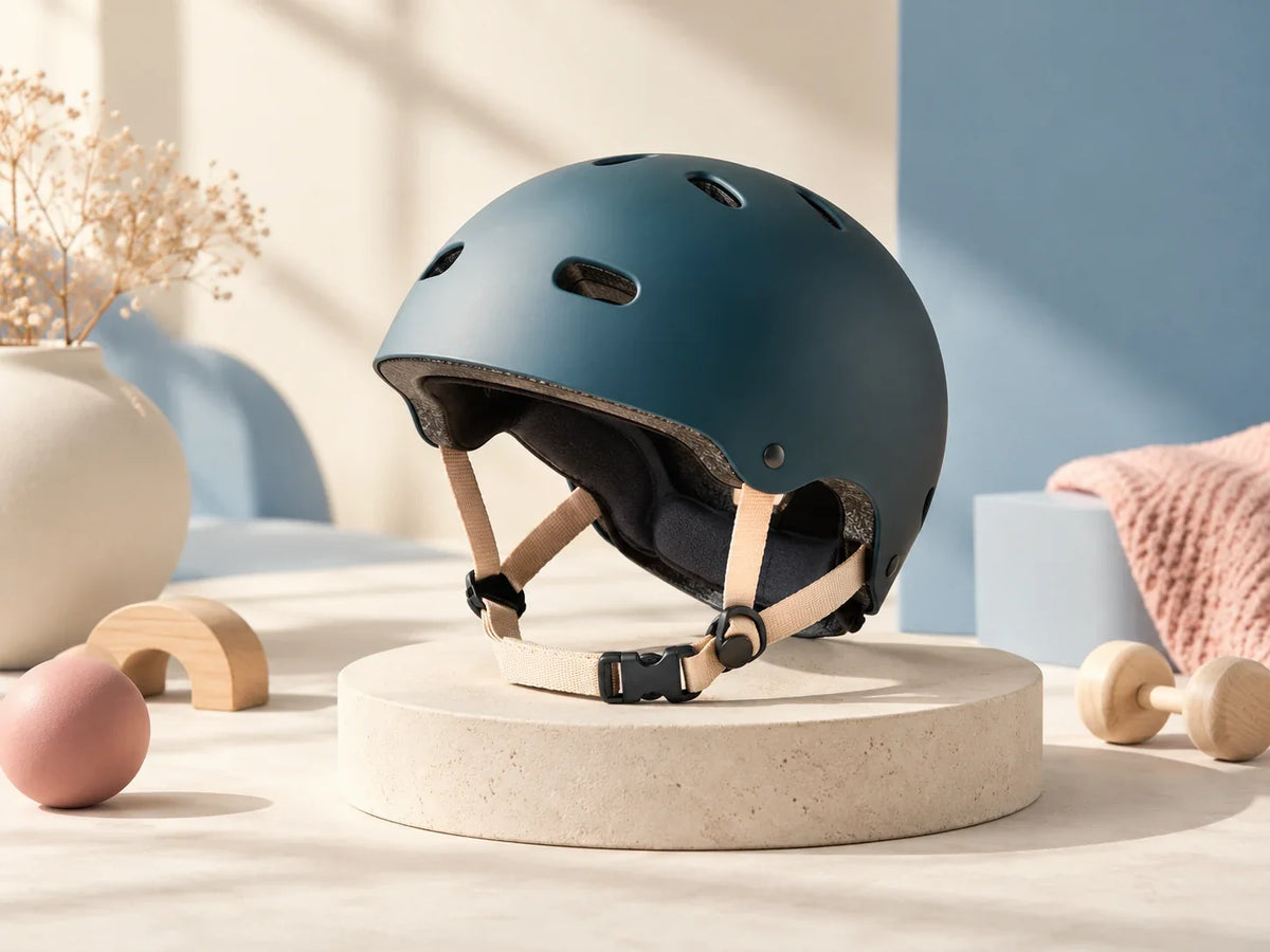 Composición editorial: un casco azul con sus correas visibles sobre un pedestal claro.