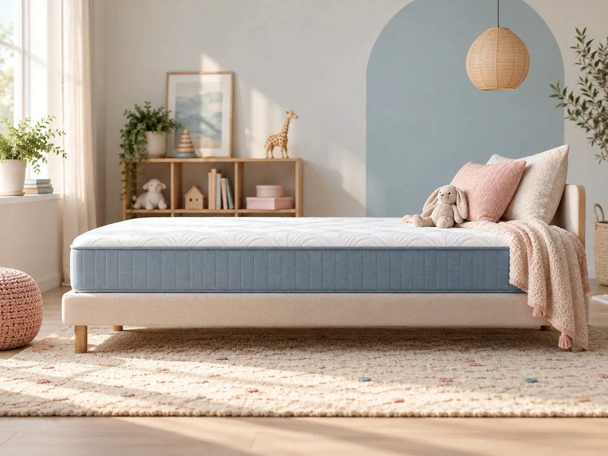 Composición editorial: un colchón de superficie blanca y lateral azul sobre una base de cama, en una habitación de colores claros.