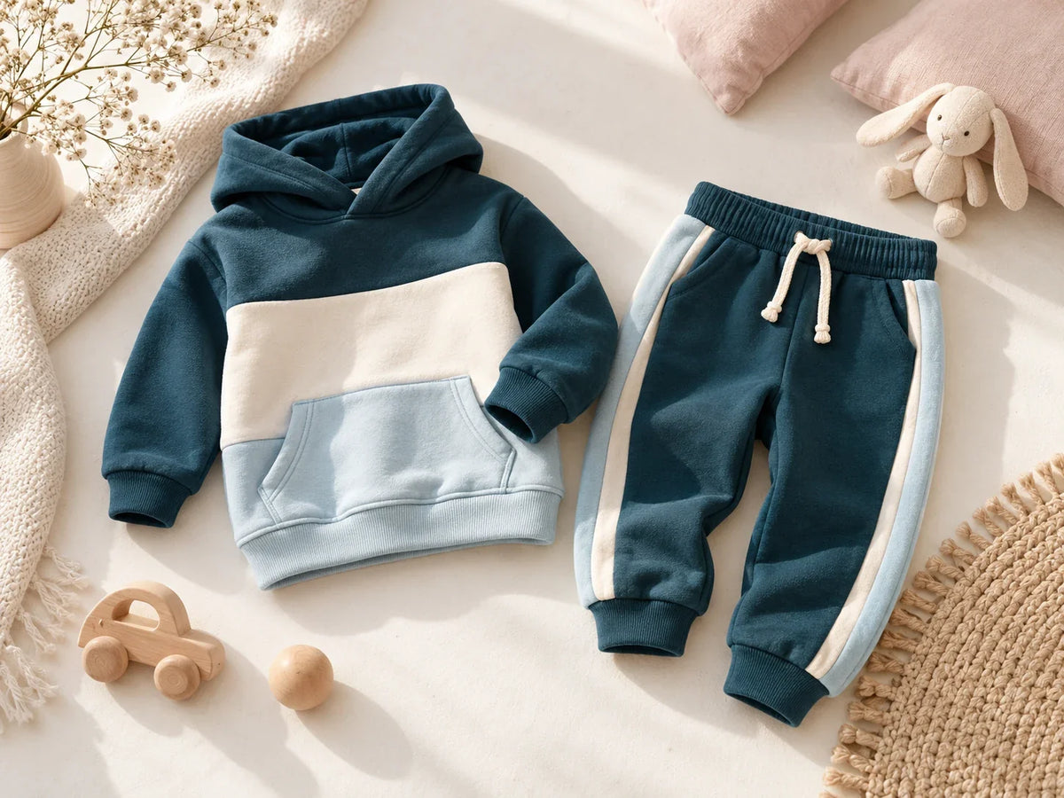 Composición editorial: una sudadera con capucha en bloques de azul y blanco junto a un pantalón azul con franjas claras.