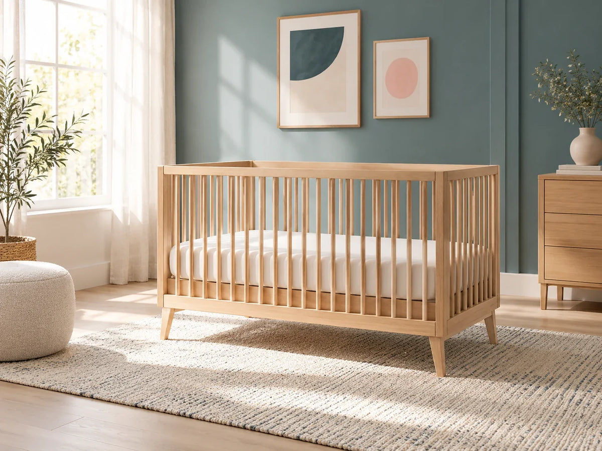 Composición editorial: una cuna de barrotes de madera con colchón claro y sin objetos en su interior, junto a una ventana.