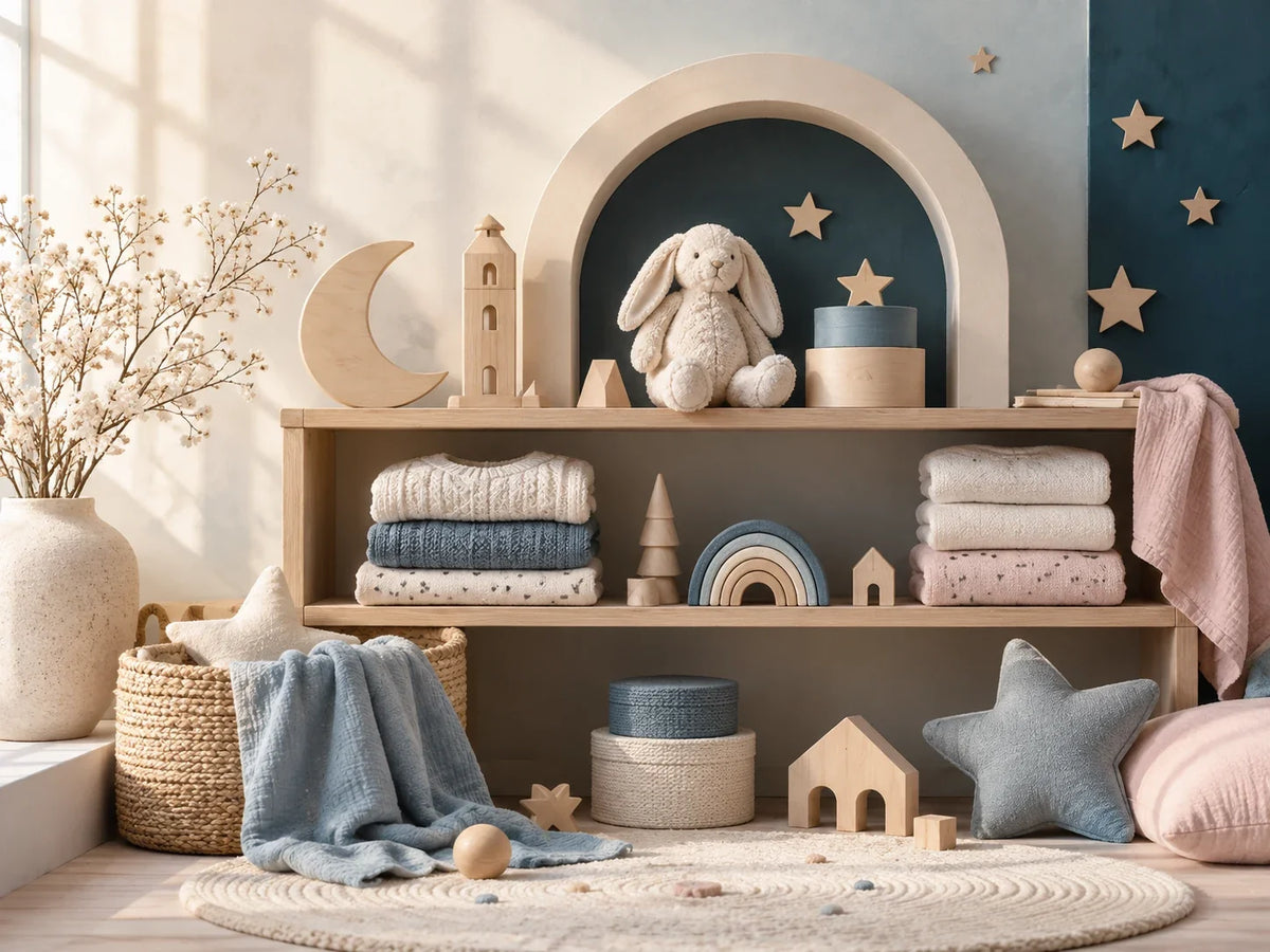 Composición editorial: un estante con textiles, conejo de peluche, luna, estrellas y un arco decorativo.