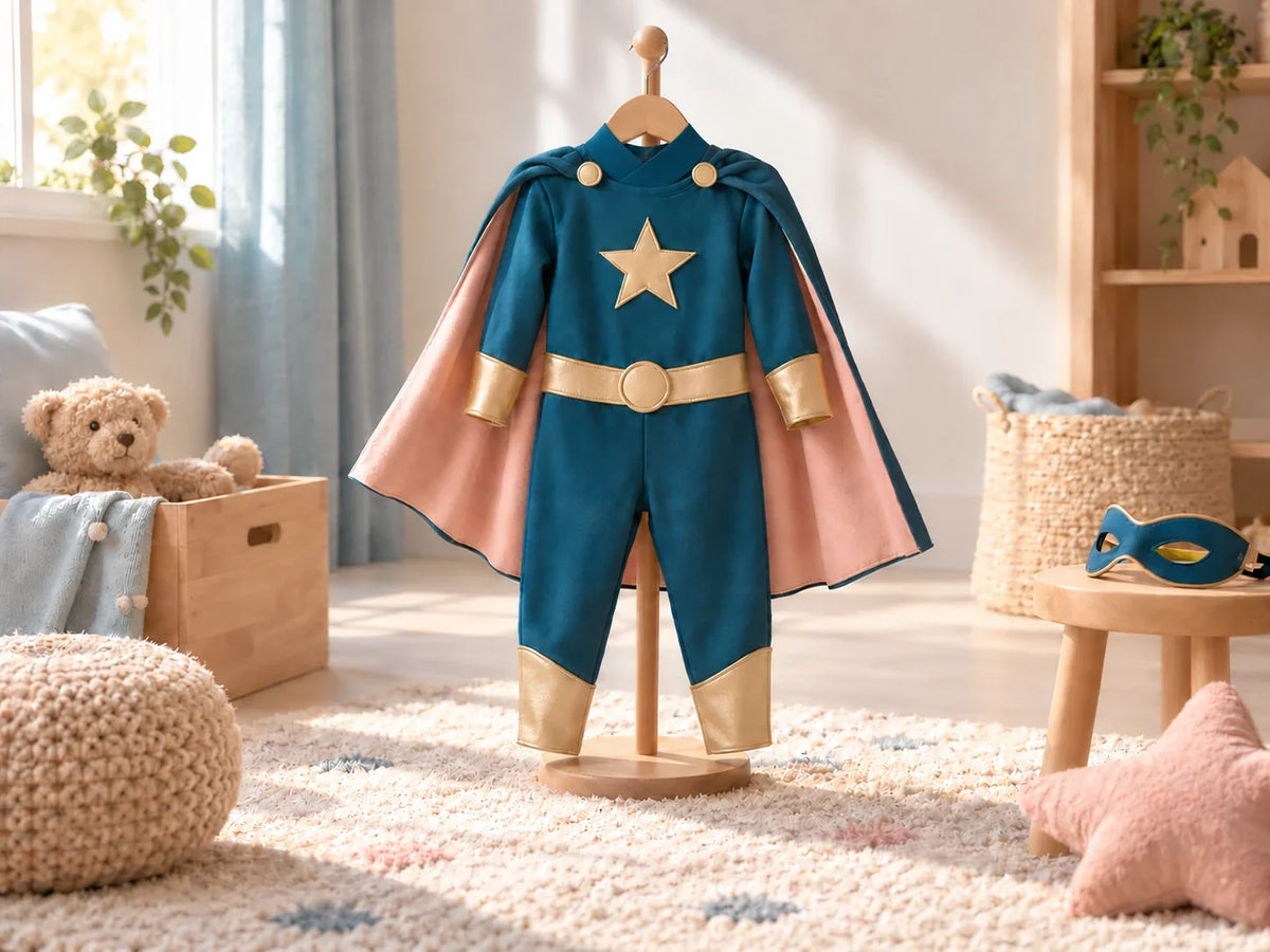 Composición editorial: un traje de héroe azul con estrella y capa rosa sobre un soporte de estudio.