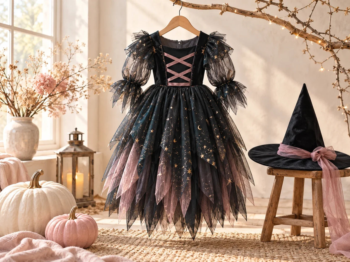 Composición editorial: un vestido oscuro de fantasía con lazos rosas junto a un sombrero puntiagudo.