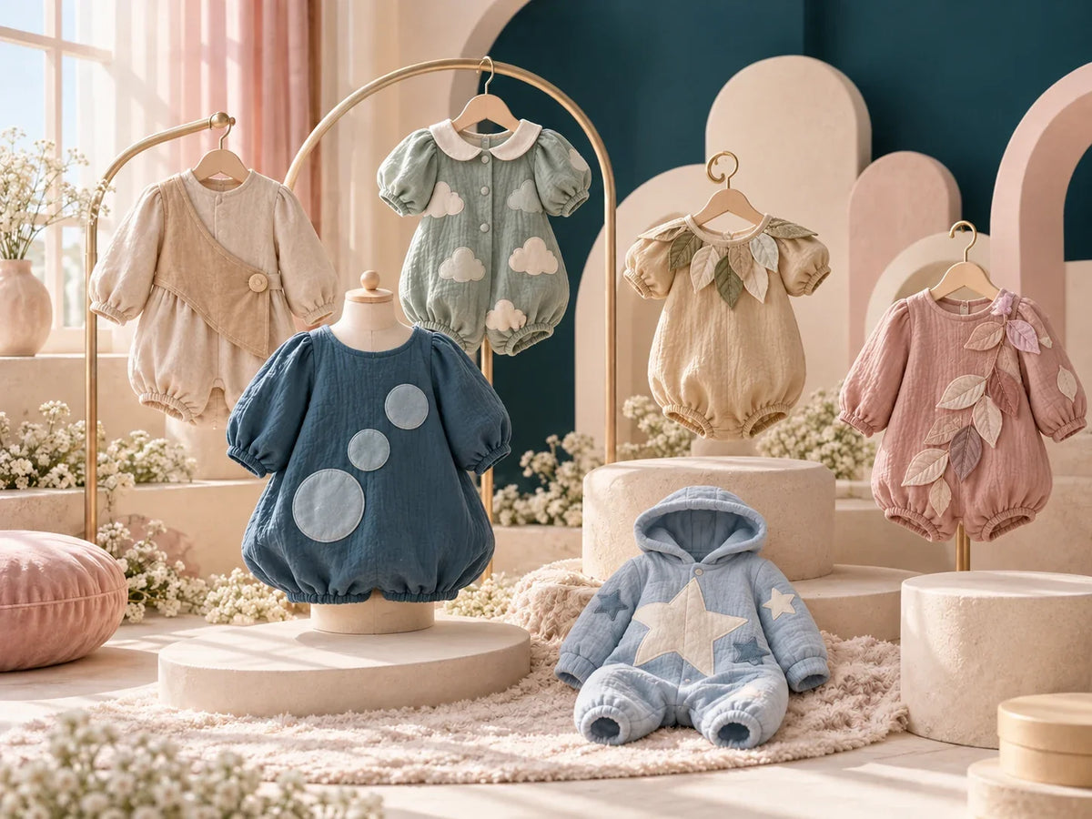 Composición editorial: prendas pequeñas de fantasía con motivos de nubes, hojas y estrellas sobre perchas y bases.
