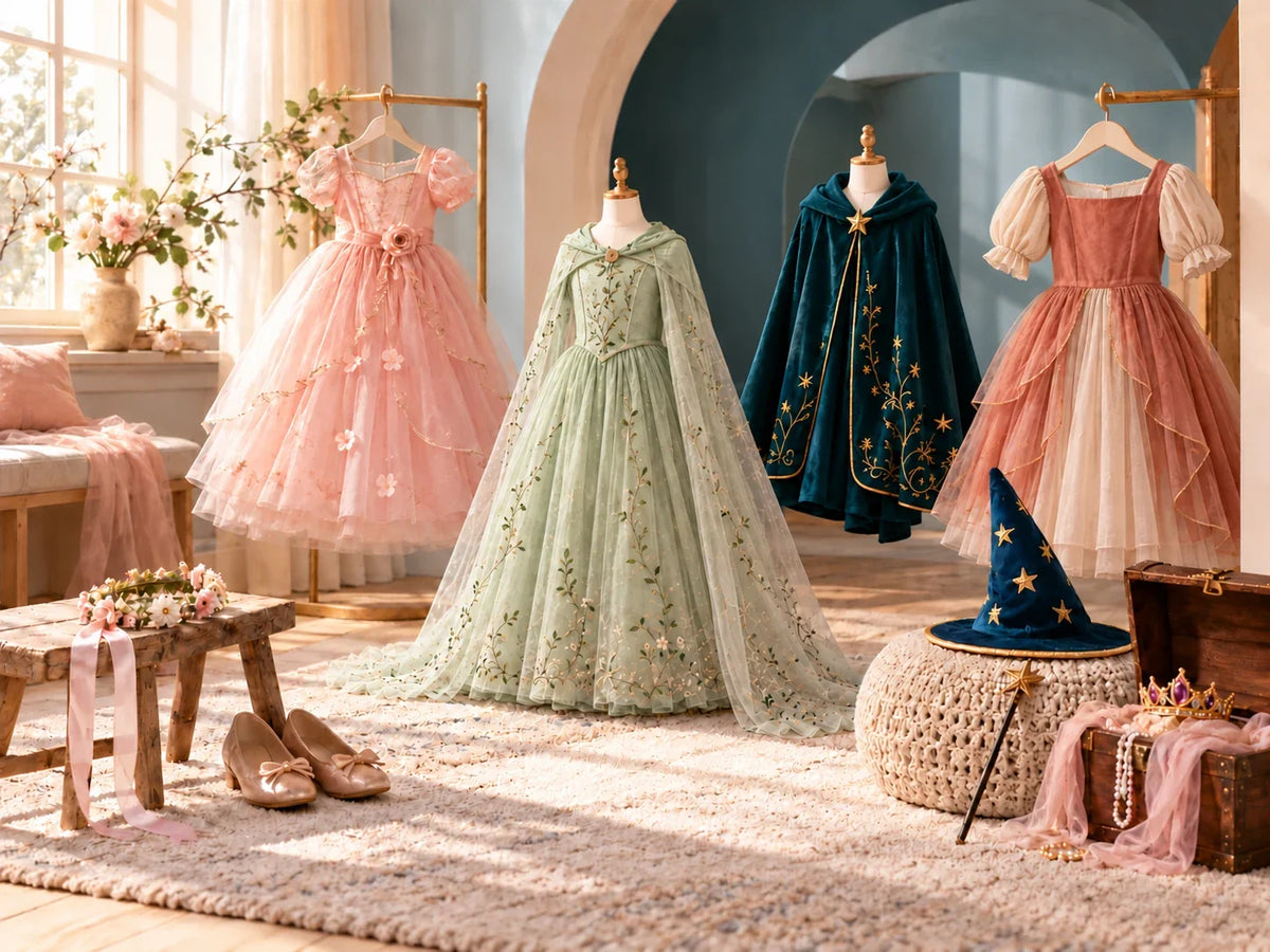 Composición editorial: vestidos de fantasía y una capa azul en un estudio con accesorios de cuento.