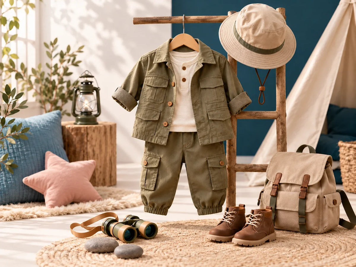 Composición editorial: un conjunto de explorador verde junto a sombrero, prismáticos, botas y mochila.