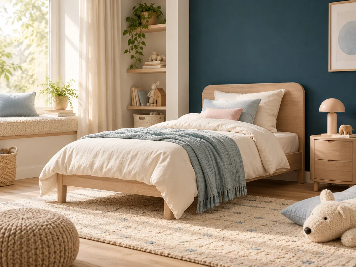 Composición editorial: un dormitorio con cama de madera, ropa de cama clara, manta azul, mesa de noche y estantería junto a una ventana.