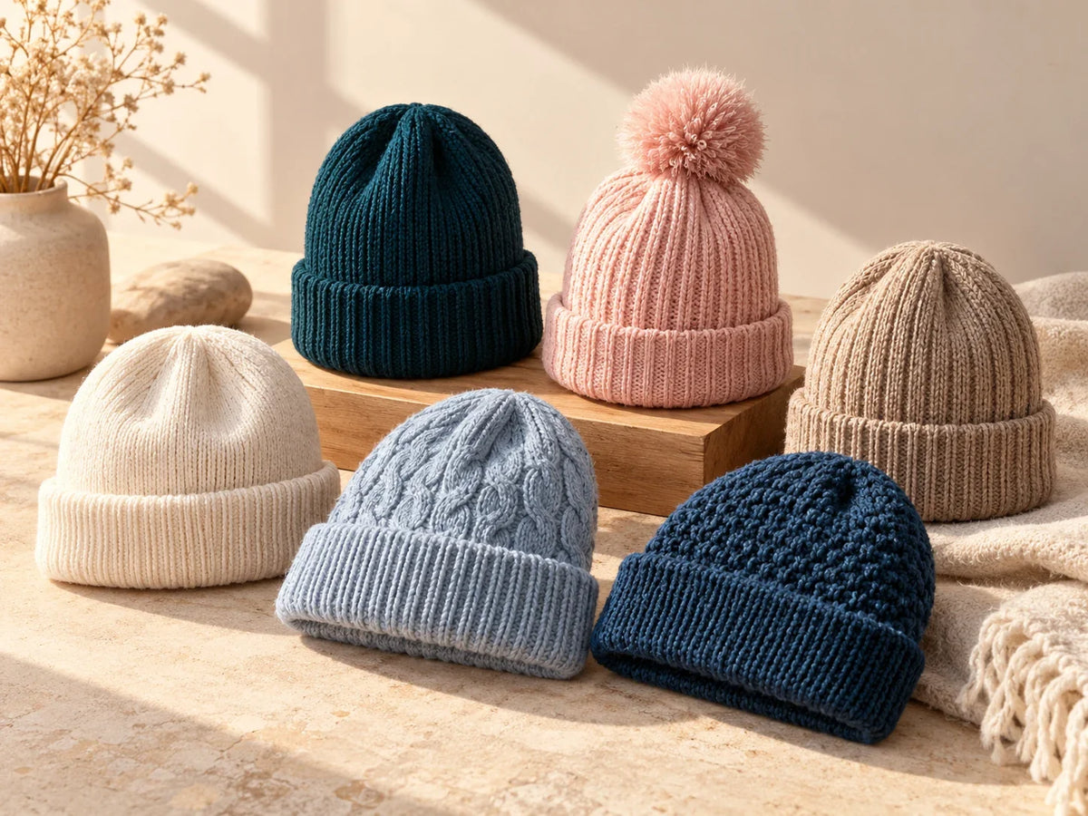 Composición editorial: gorros de punto de distintos colores, uno con pompón, sobre bases de madera.