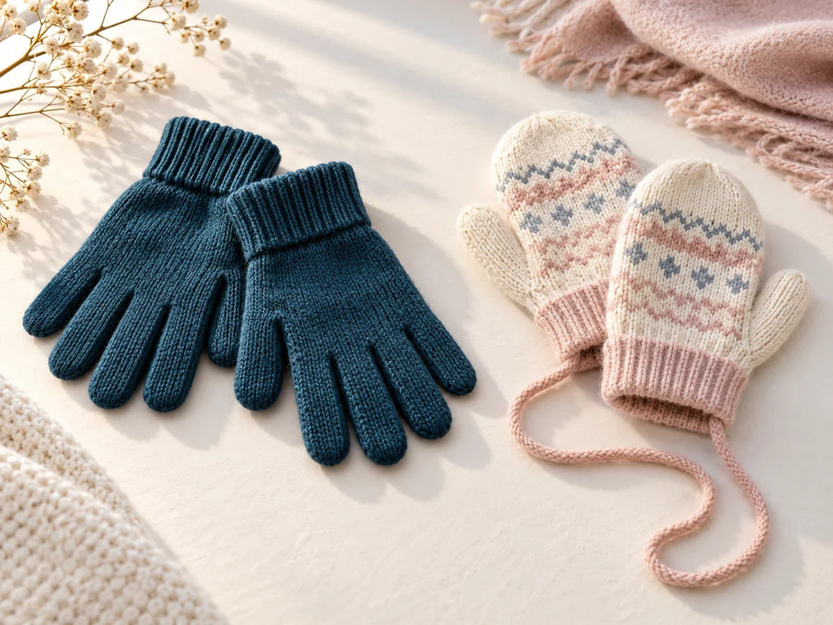 Composición editorial: un par de guantes azules y manoplas estampadas sobre una superficie clara.