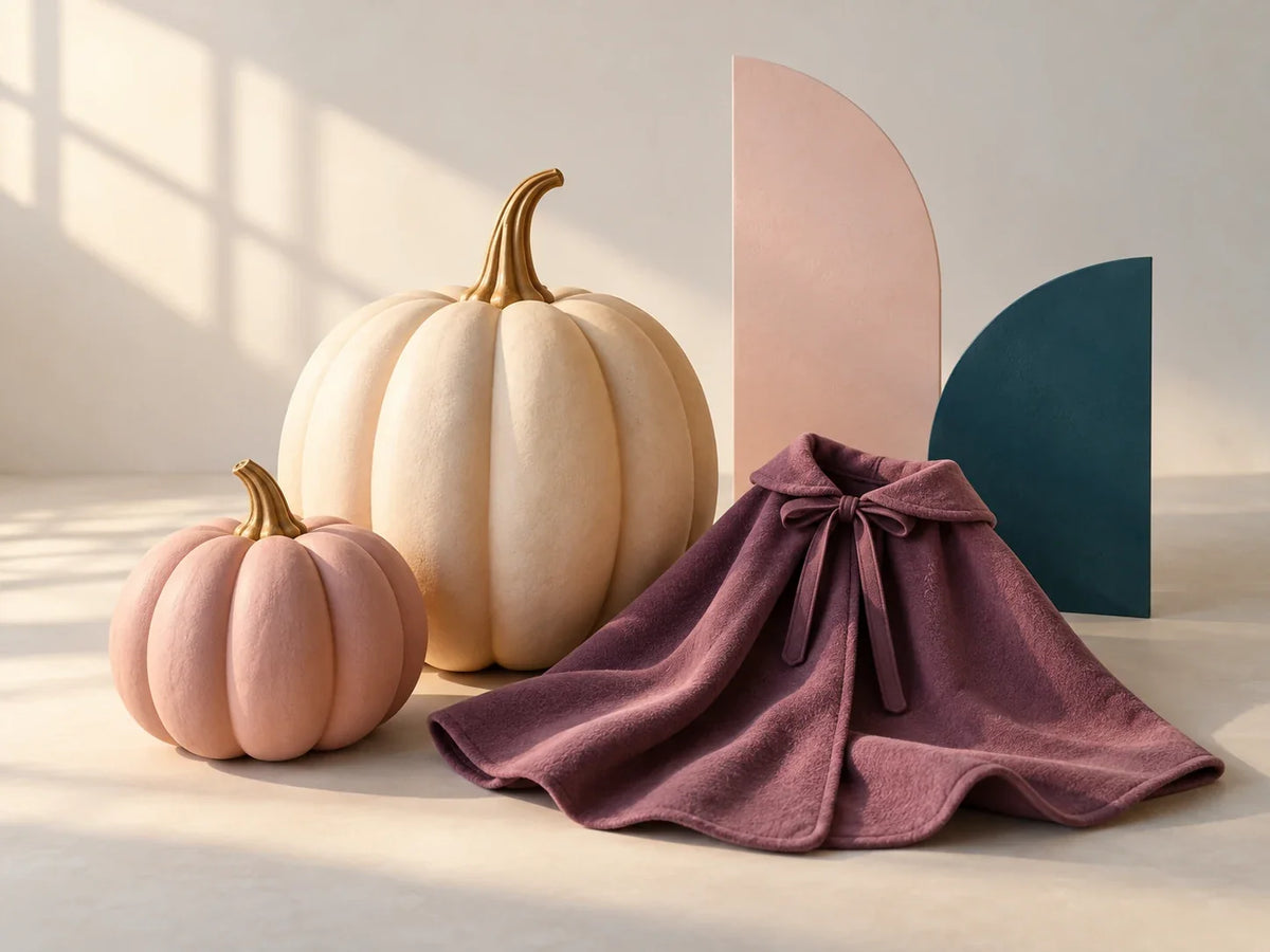 Composición editorial: calabazas decorativas junto a una pequeña capa malva y formas geométricas.