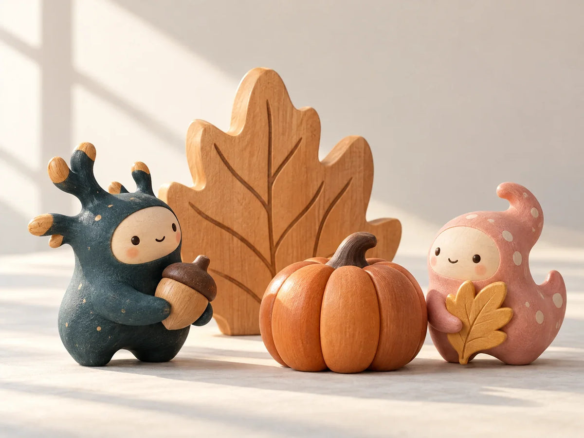 Composición editorial: dos criaturas originales de fantasía junto a una calabaza y una hoja decorativa.