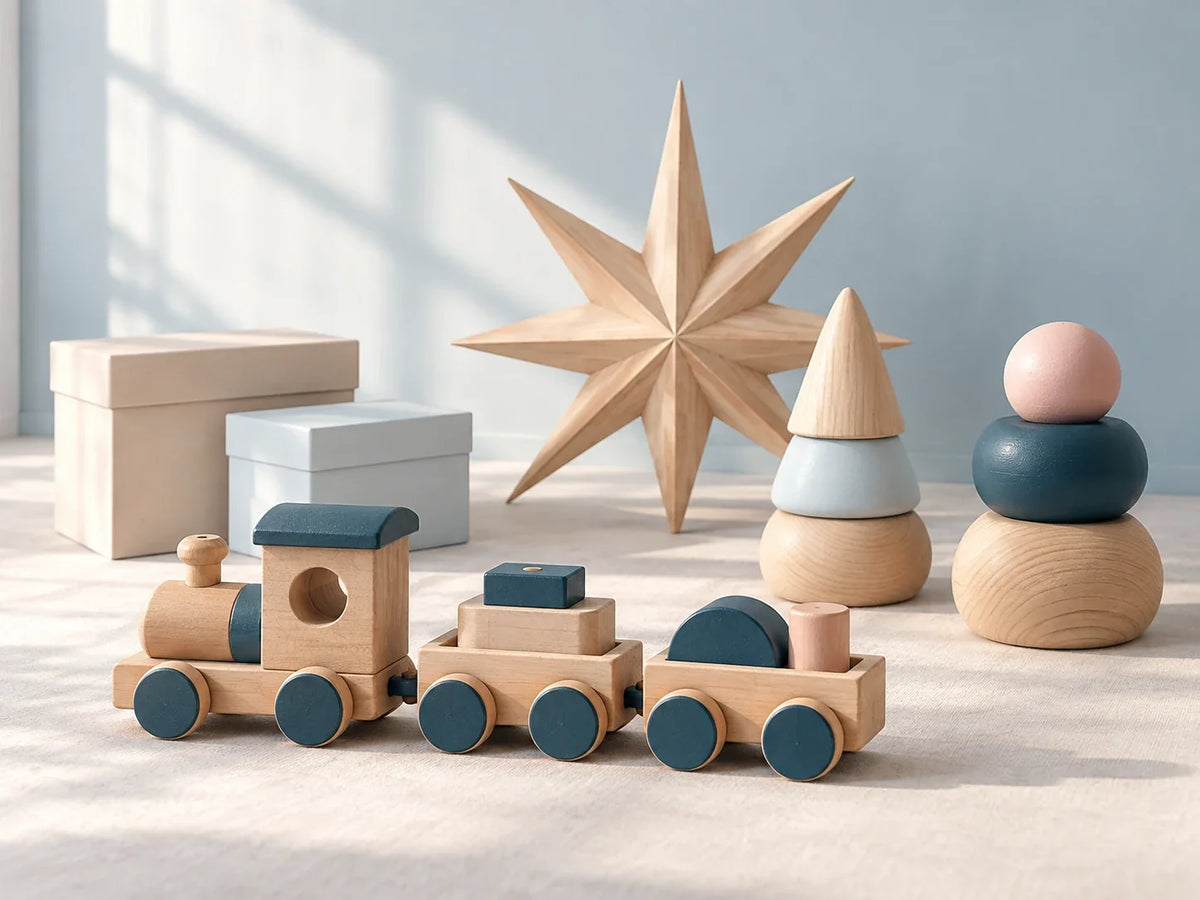 Composición editorial: un tren de madera, figuras apiladas y cajas junto a una estrella decorativa.