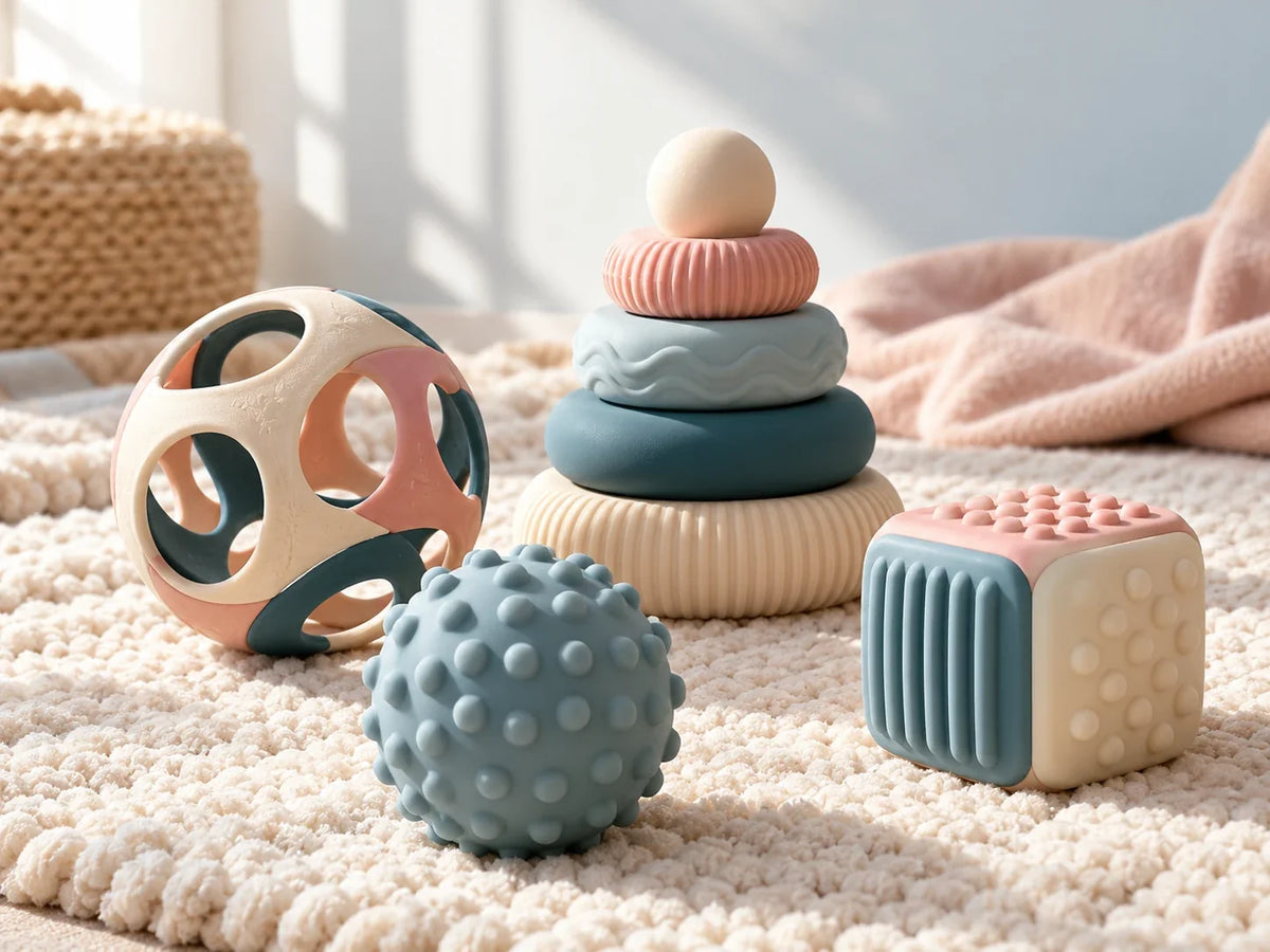 Composición editorial de una pelota perforada, una esfera con relieves, aros apilados y un cubo de texturas sobre una alfombra clara.