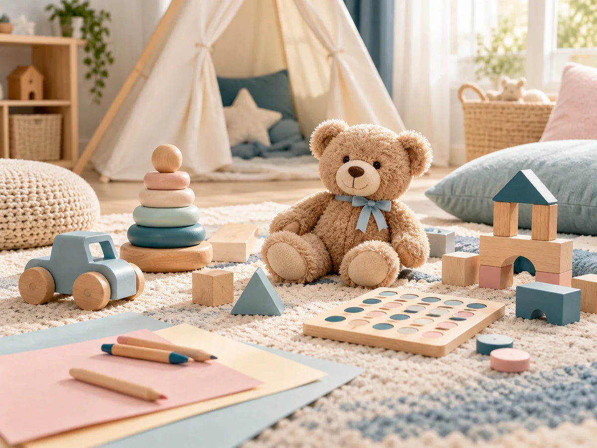 Composición editorial de un oso de peluche, un coche, aros, bloques y un juego de mesa en un rincón de juegos.
