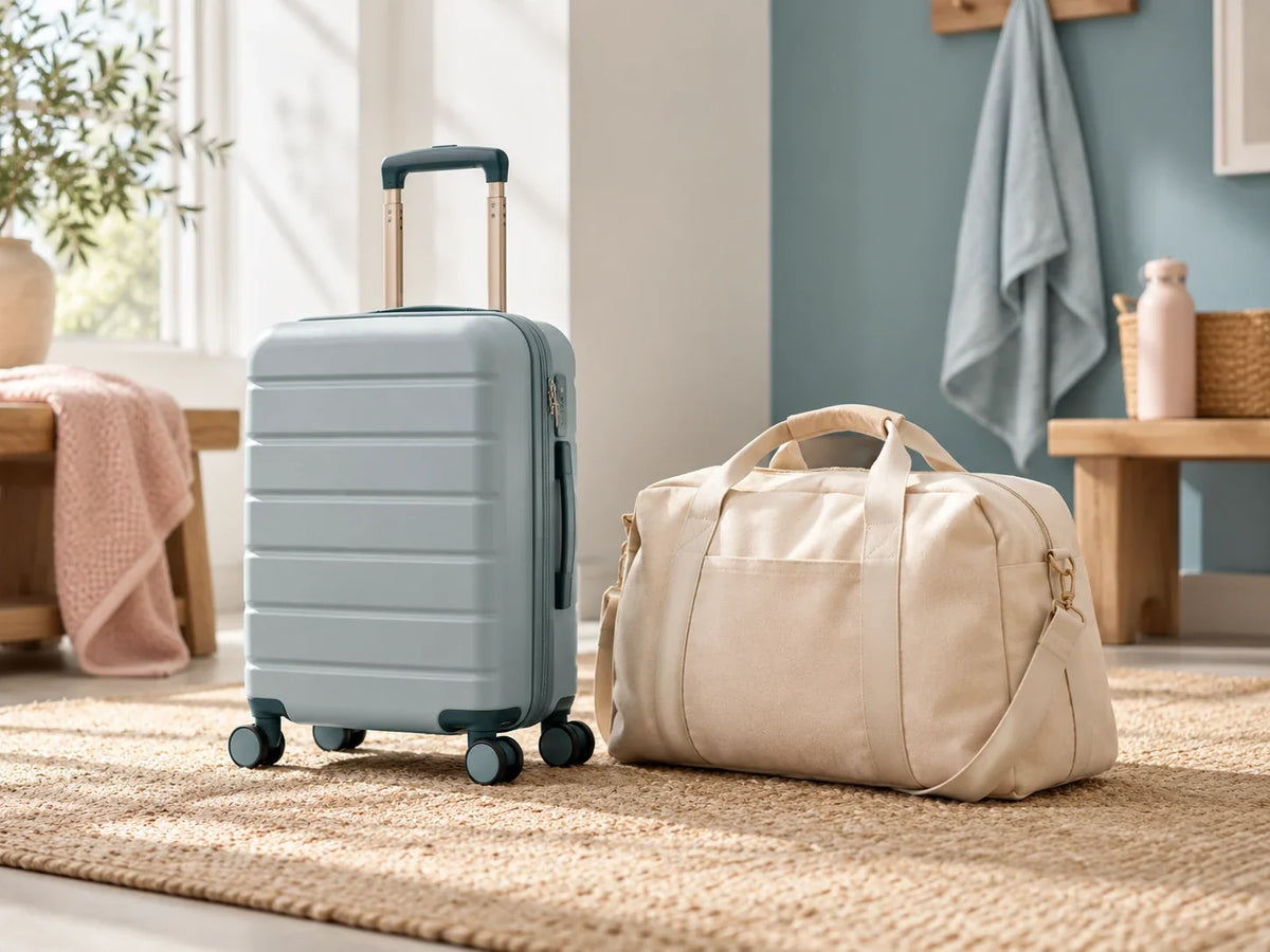Composición editorial: una maleta celeste con ruedas junto a una bolsa de viaje beige.