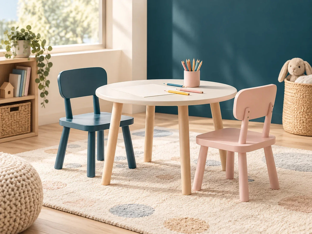 Composición editorial: una mesa redonda clara con dos sillas, azul y rosa, y lápices sobre la mesa.
