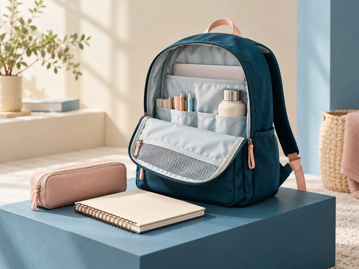 Composición editorial: una mochila azul abierta con útiles, acompañada de un estuche y una libreta.