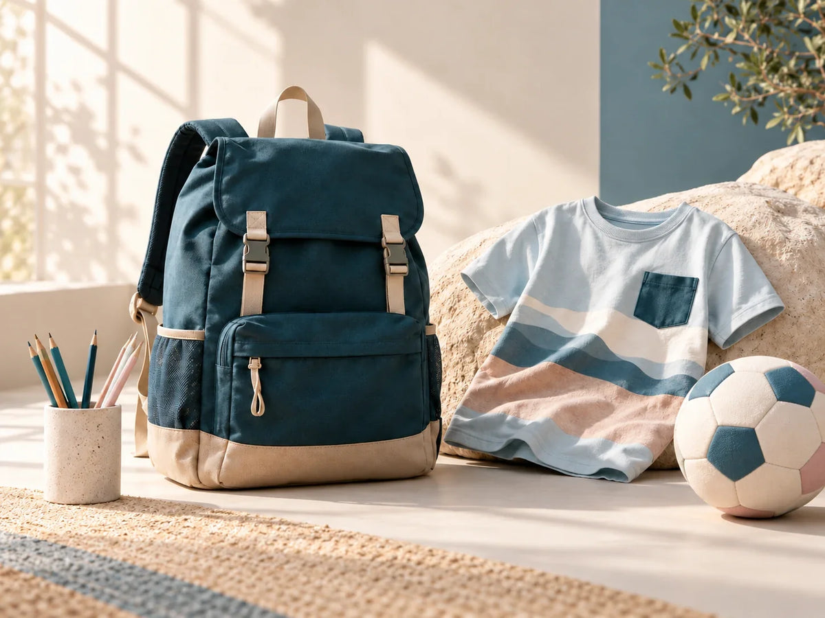 Composición editorial: una mochila azul, camiseta a rayas, lápices y pelota sobre una alfombra.