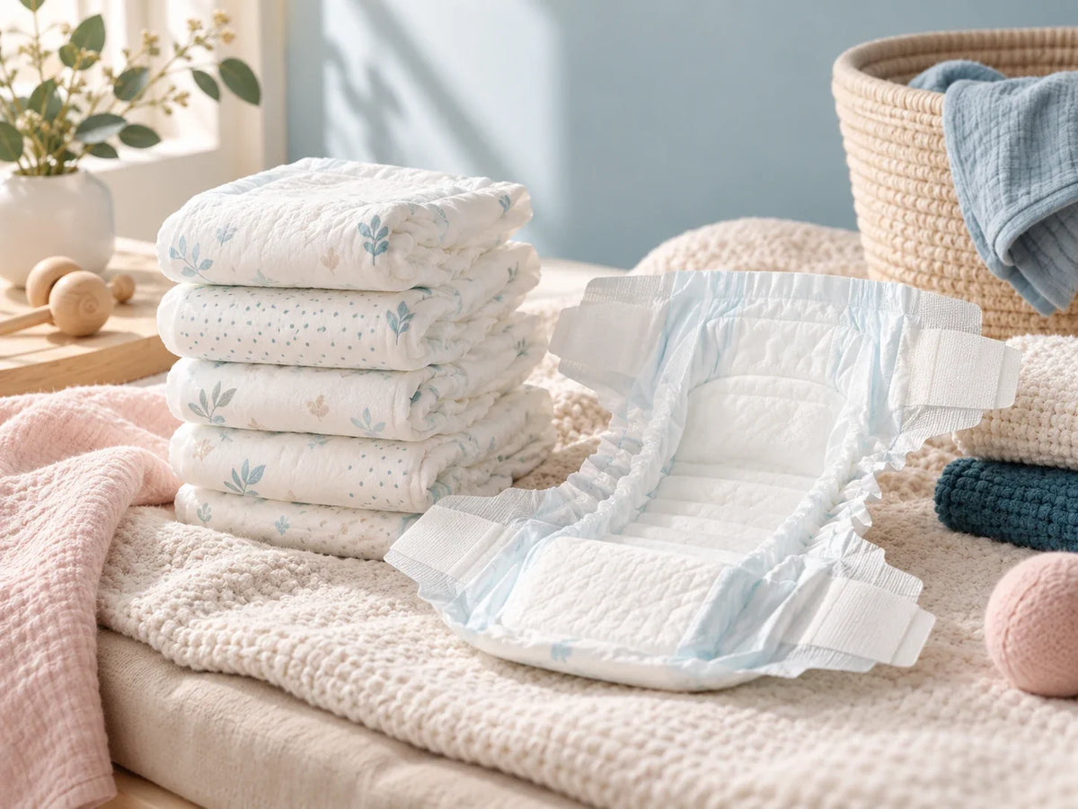Composición editorial: pañales apilados y una pieza abierta sobre una superficie textil clara.