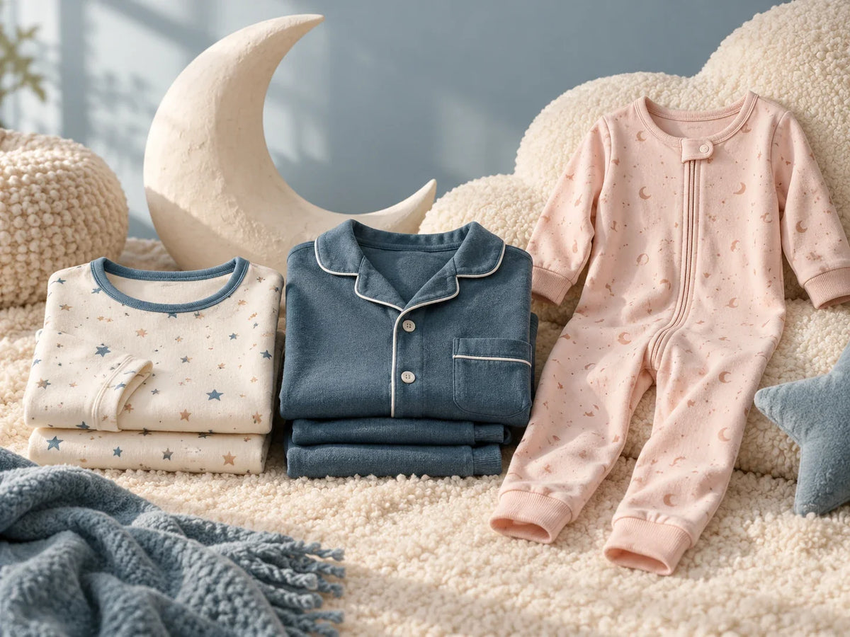 Composición editorial: pijamas dobladas en blanco y azul junto a un enterizo rosa y un adorno en forma de luna.