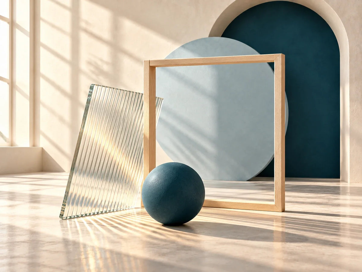 Composición editorial: un marco de madera, paneles translúcidos y una esfera azul.