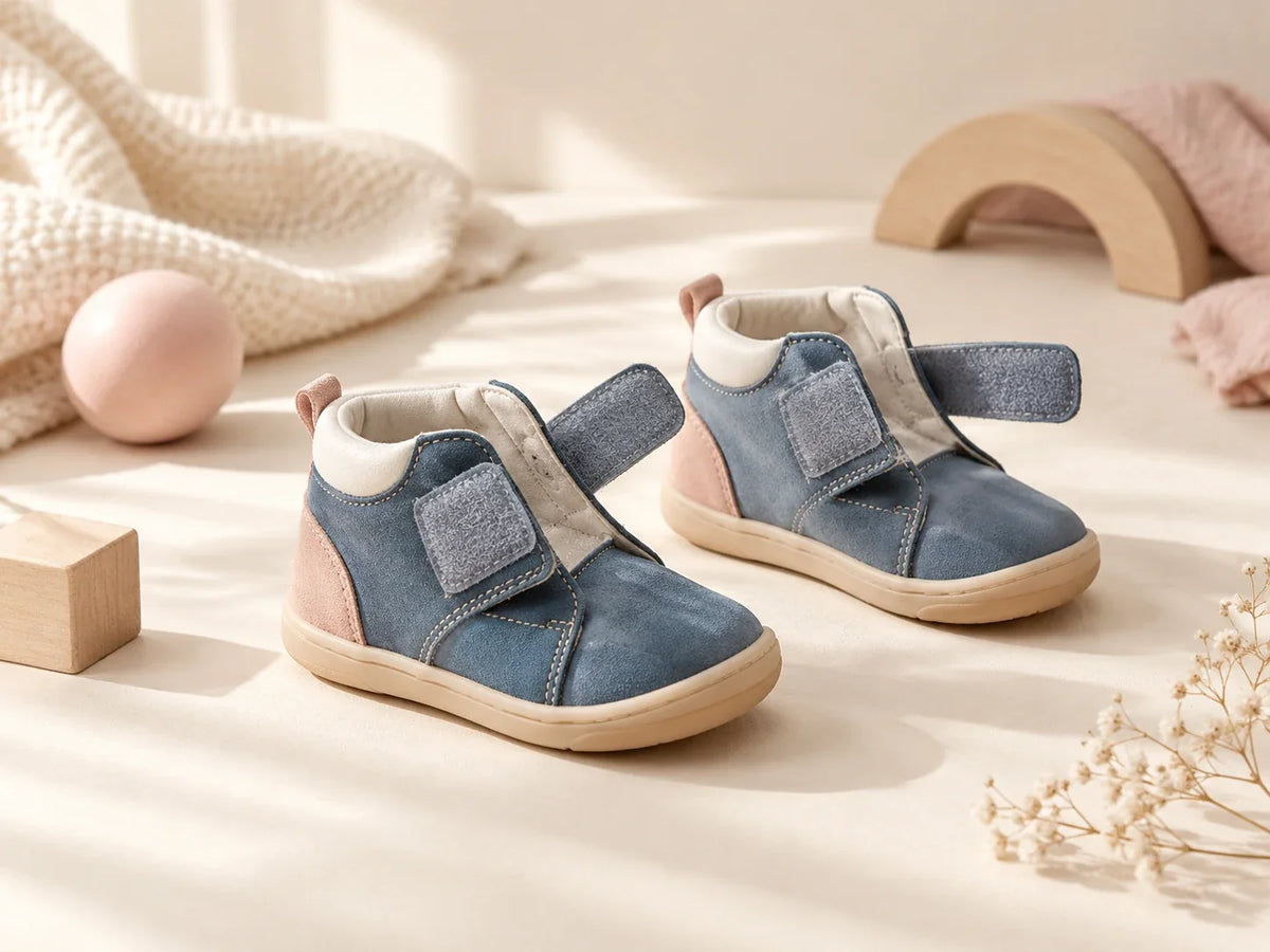 Composición editorial: un par de zapatos azules con cierres de tira abiertos y detalles claros, sobre una superficie beige.