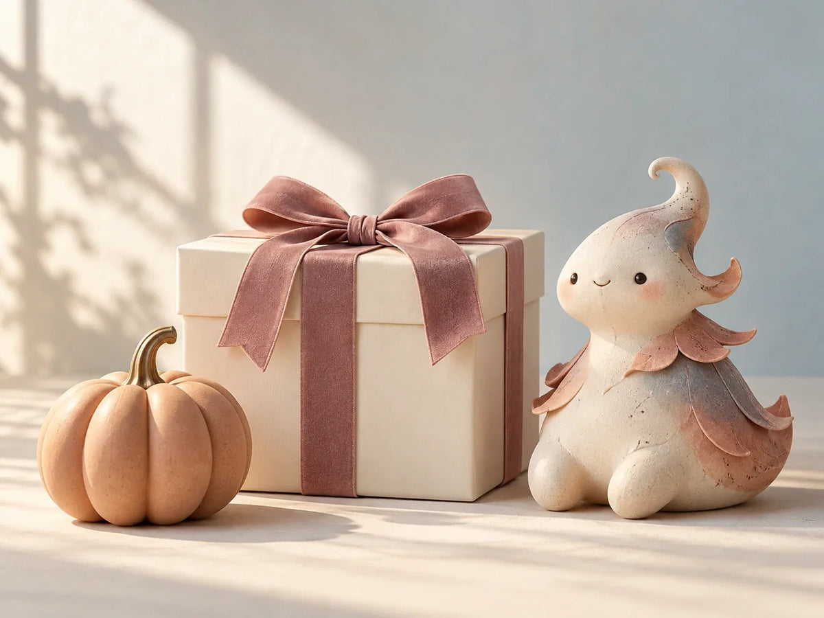Composición editorial: una caja con lazo malva junto a una calabaza y una criatura de fantasía.