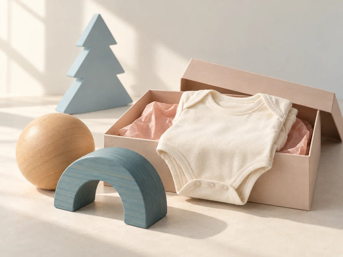 Composición editorial: un body claro dentro de una caja abierta junto a formas geométricas y un árbol decorativo.