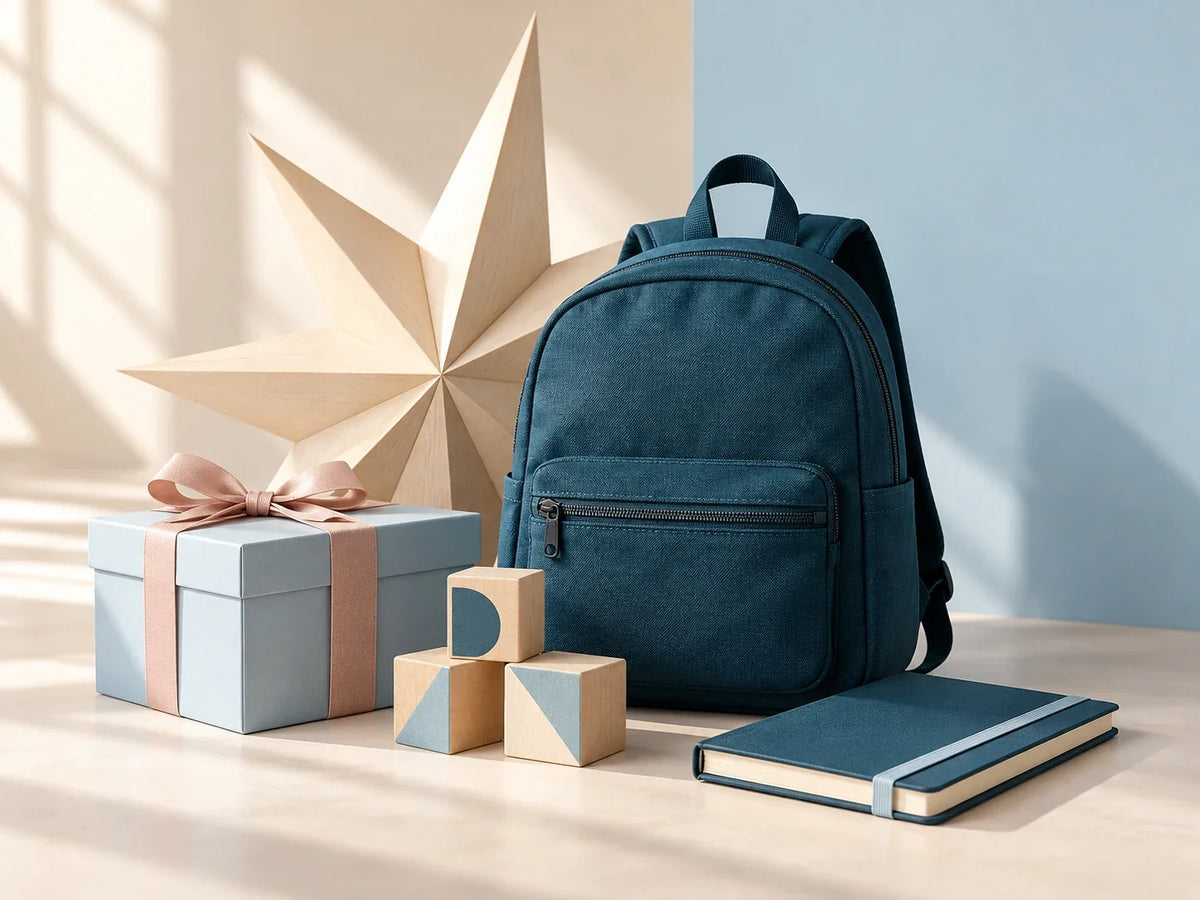 Composición editorial: una mochila azul, bloques y una libreta junto a una caja de regalo.