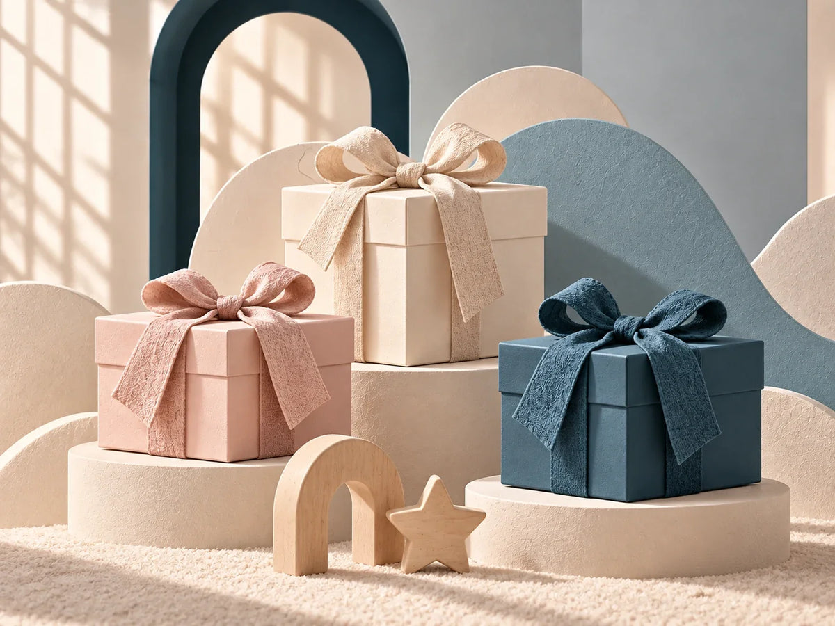Composición editorial: tres cajas con lazos, un pequeño arco y una estrella de madera.