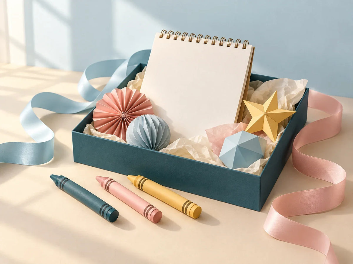 Composición editorial: una caja abierta con libreta, figuras de papel y cintas junto a ceras de colores.