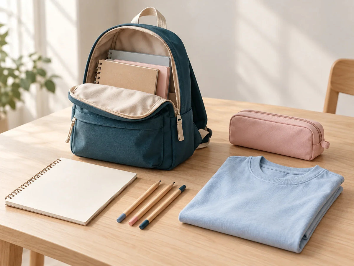 Composición editorial: una mochila abierta, estuche, libreta, lápices y camiseta sobre una mesa.