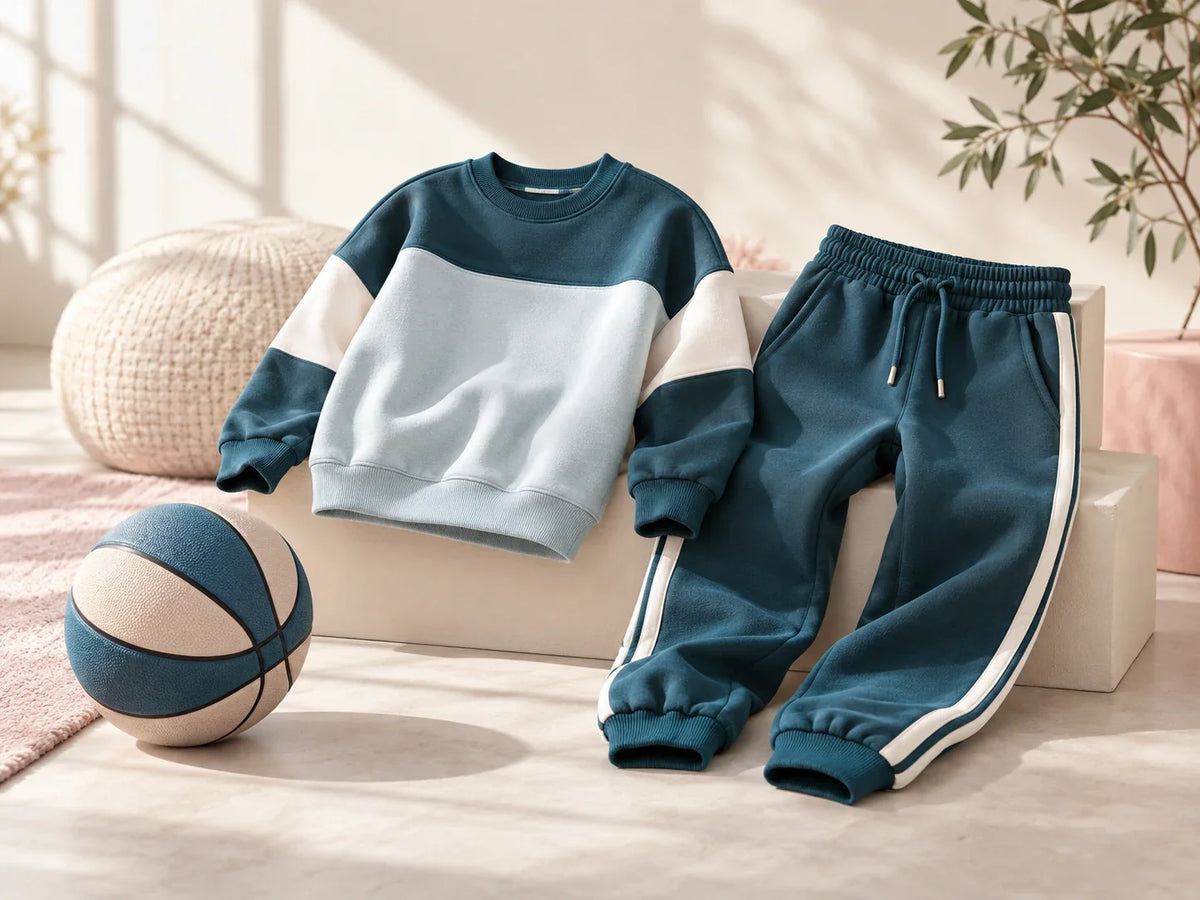 Composición editorial: una sudadera azul y blanca y un pantalón azul con franjas laterales, junto a una pelota.