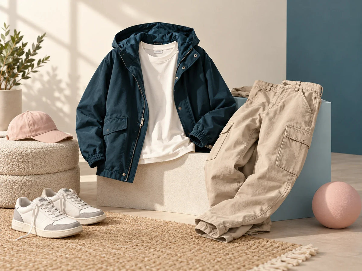 Composición editorial: una chaqueta azul oscura sobre una camiseta blanca, con pantalón beige, zapatillas claras y una gorra rosa.
