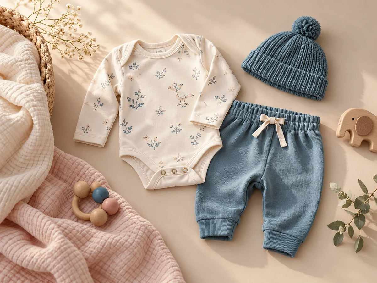 Composición editorial: un body claro con estampado floral, un pantalón azul y un gorro de punto azul, extendidos sobre una superficie clara.
