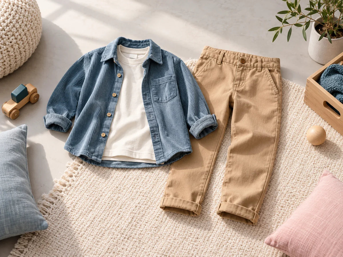 Composición editorial: una camisa azul abierta sobre una camiseta blanca y un pantalón beige, extendidos sobre una alfombra.