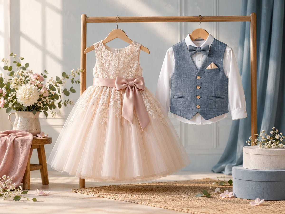 Composición editorial: un vestido claro con lazo rosa y una camisa blanca con chaleco azul y corbatín, colgados en un perchero.