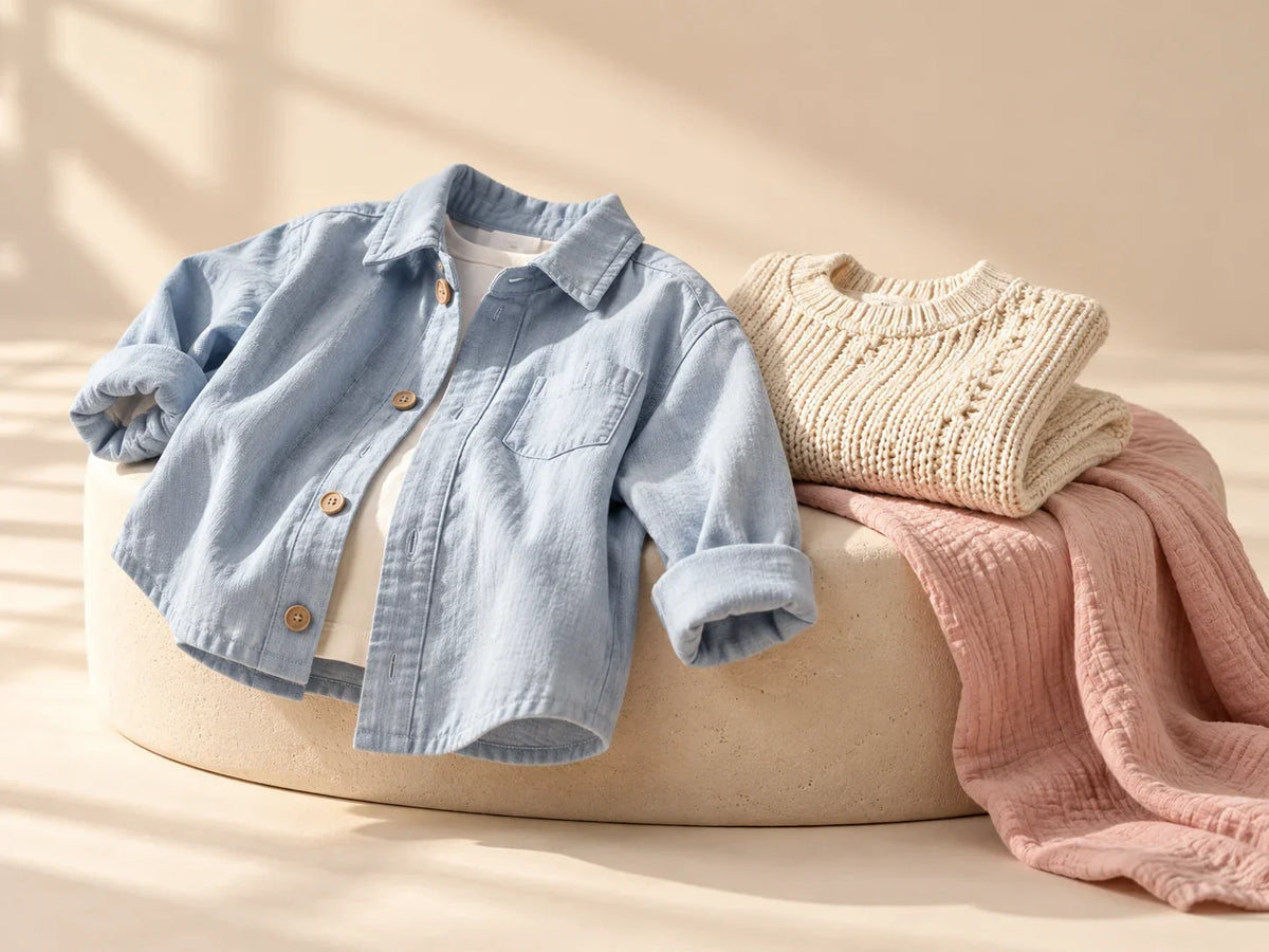 Composición editorial: una camisa azul abierta sobre una camiseta clara, junto a un suéter doblado y un textil rosa.