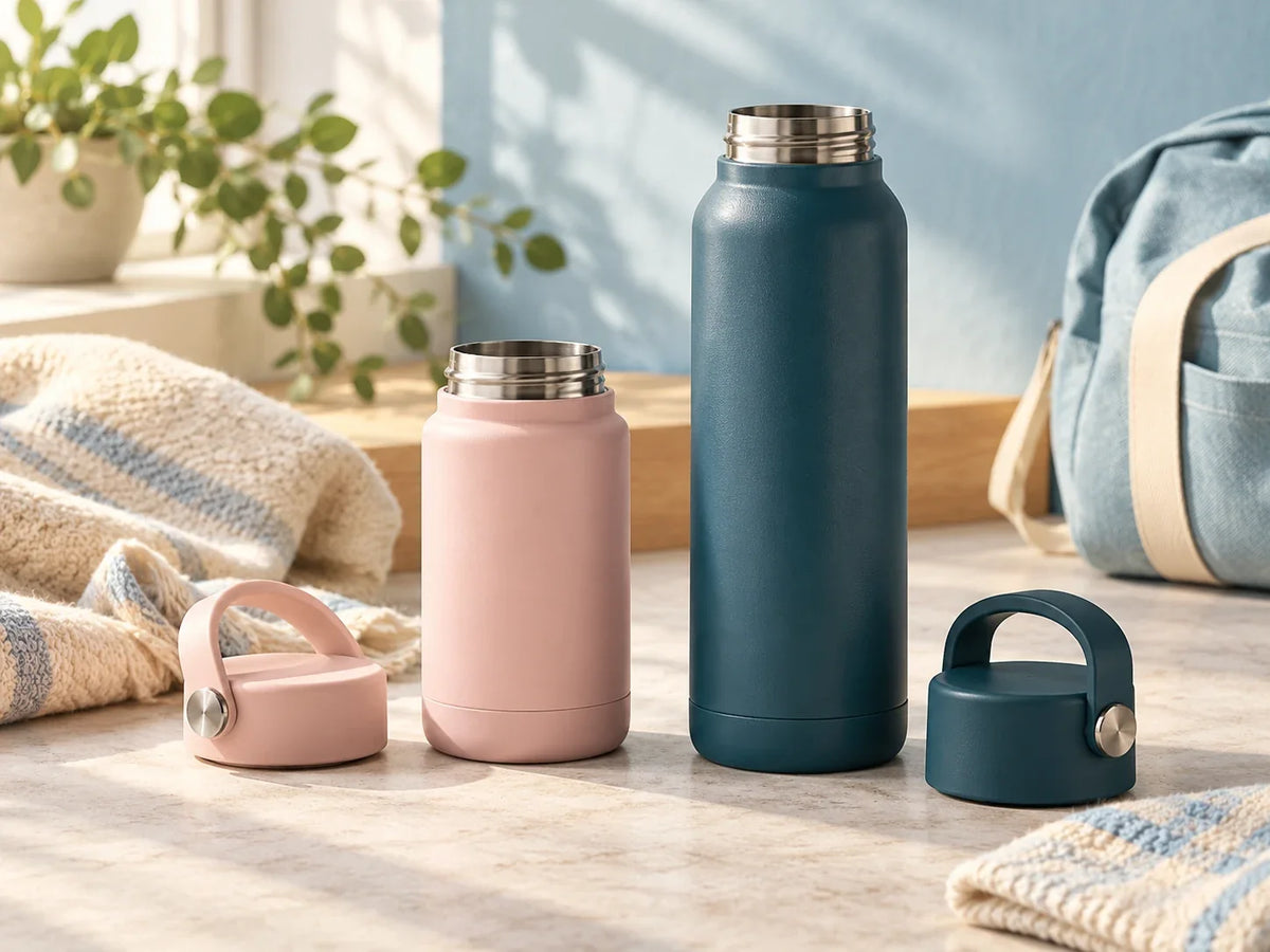 Composición editorial: dos botellas de tonos rosa y azul con sus tapas separadas.