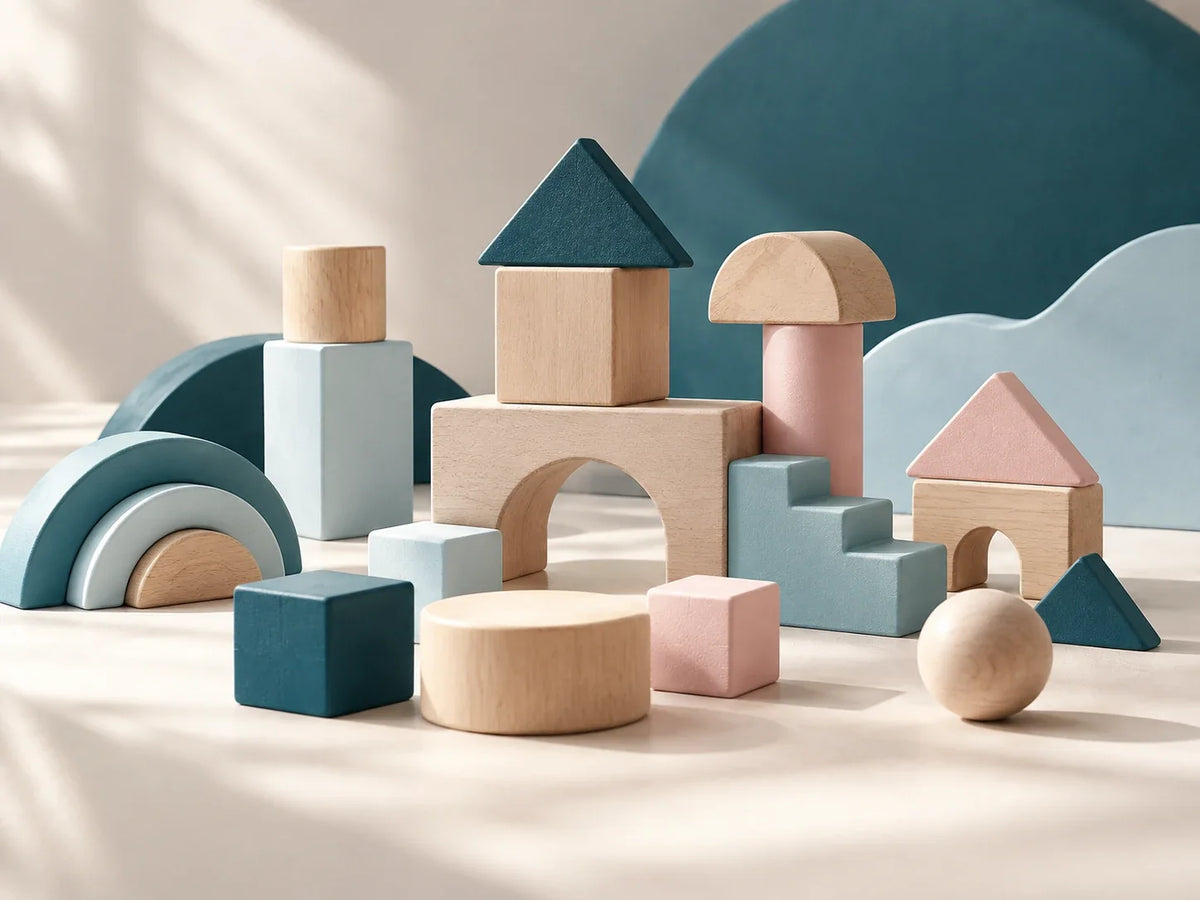 Composición editorial: bloques de madera y figuras geométricas en tonos azul, rosa y beige.
