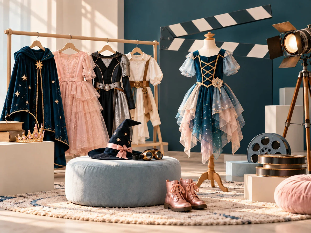Composición editorial: vestuario de fantasía en un estudio con claqueta decorativa, foco y carrete de película.