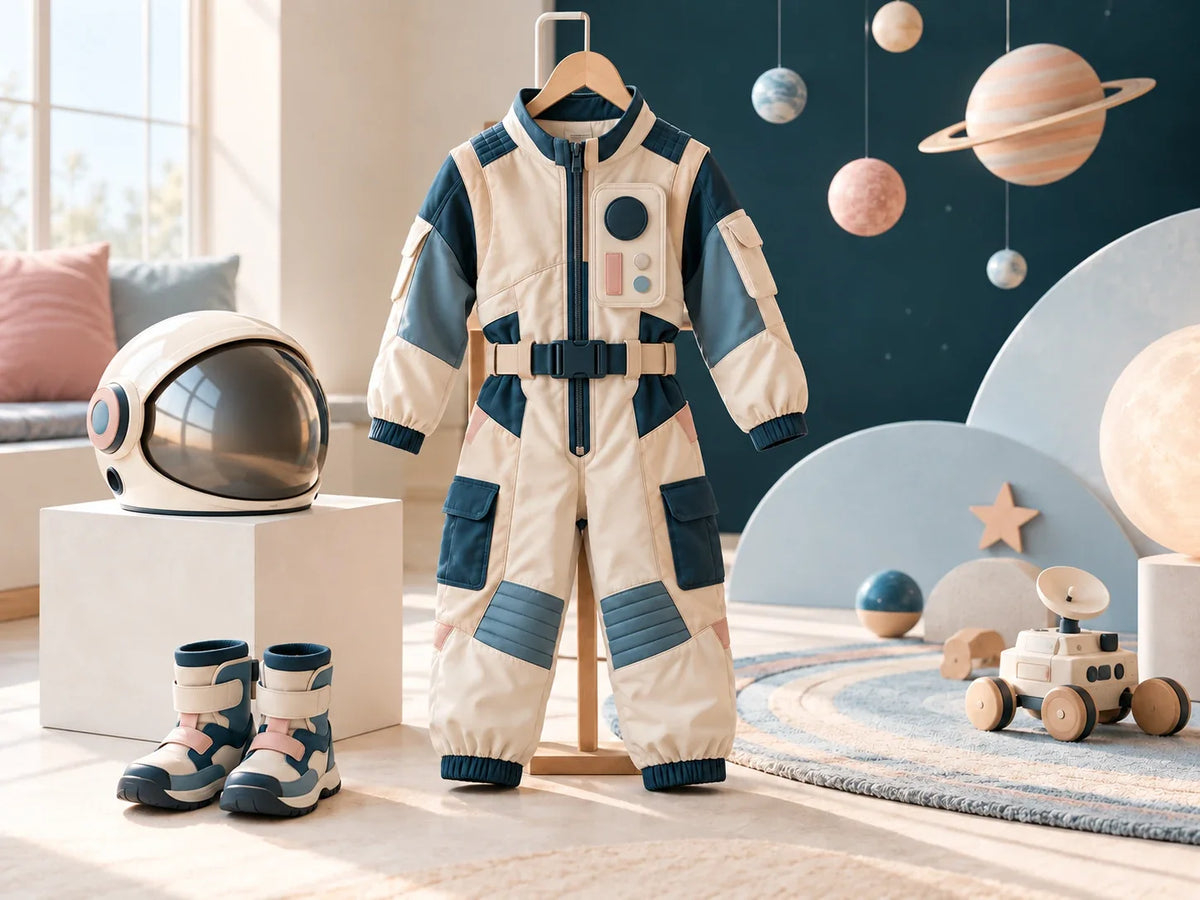 Composición editorial: un traje claro de explorador espacial junto a casco, botas y formas de planetas.