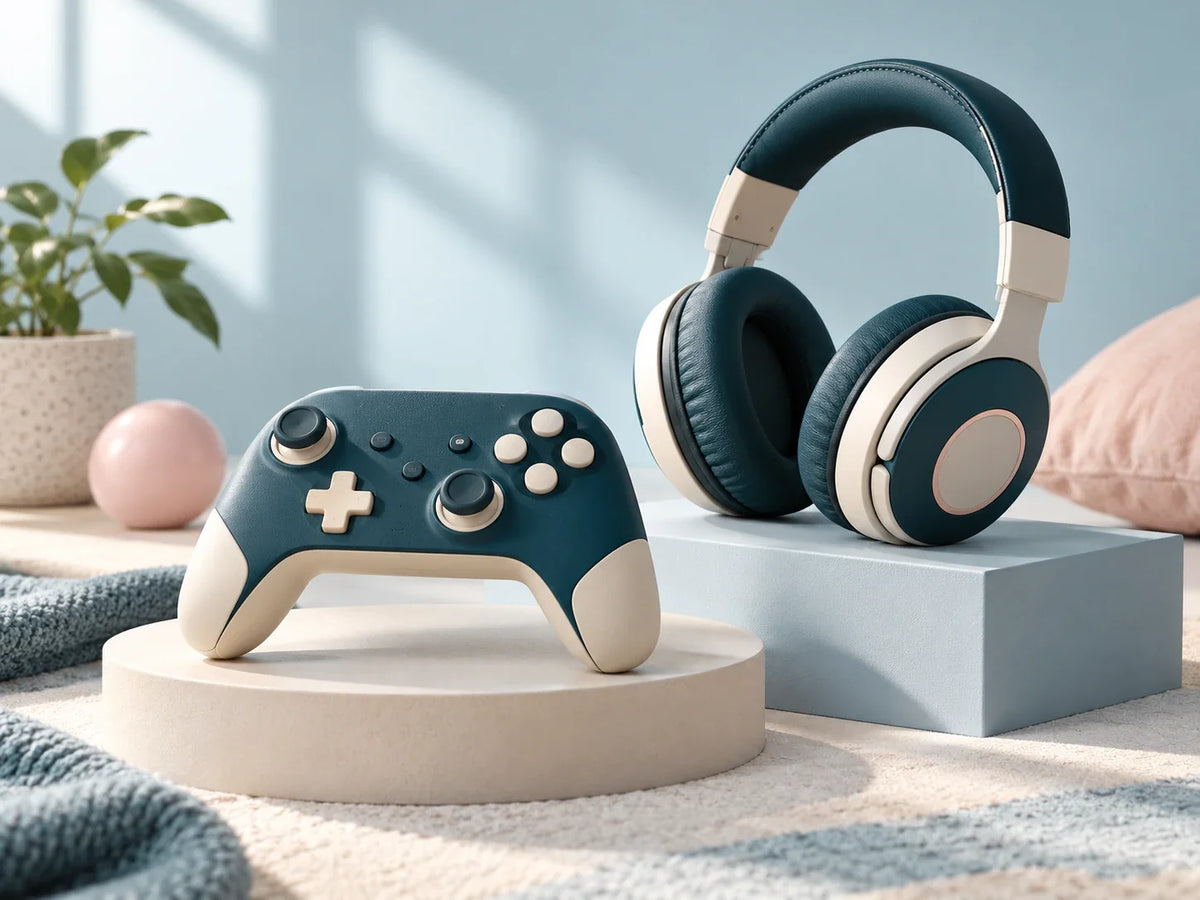 Composición editorial de un mando de videojuegos y unos auriculares sobre una superficie clara.
