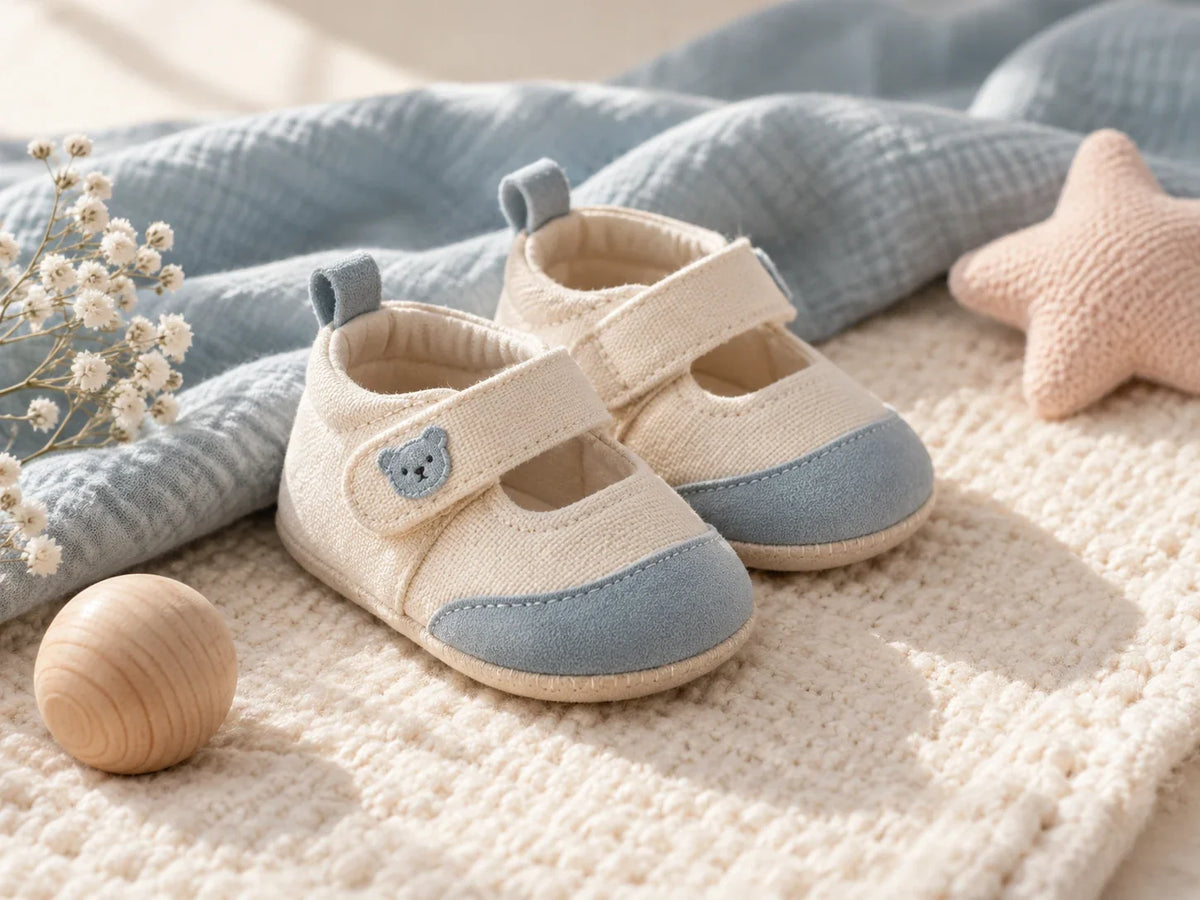 Composición editorial: un par de zapatos pequeños claros con punteras azules y tiras decoradas con un oso, junto a una manta.