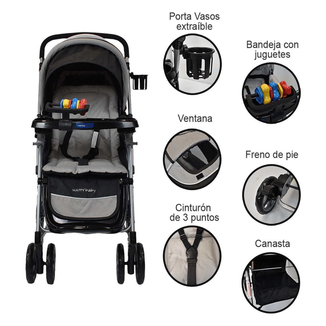 Coche Mecedora para Bebé Reversible Logan Gris - Happy Baby
