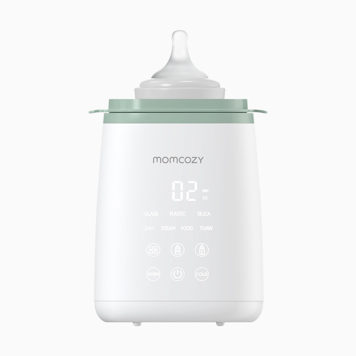 Calentador Momcozy White/Sage sin tapa exterior; biberón ilustrativo no incluido