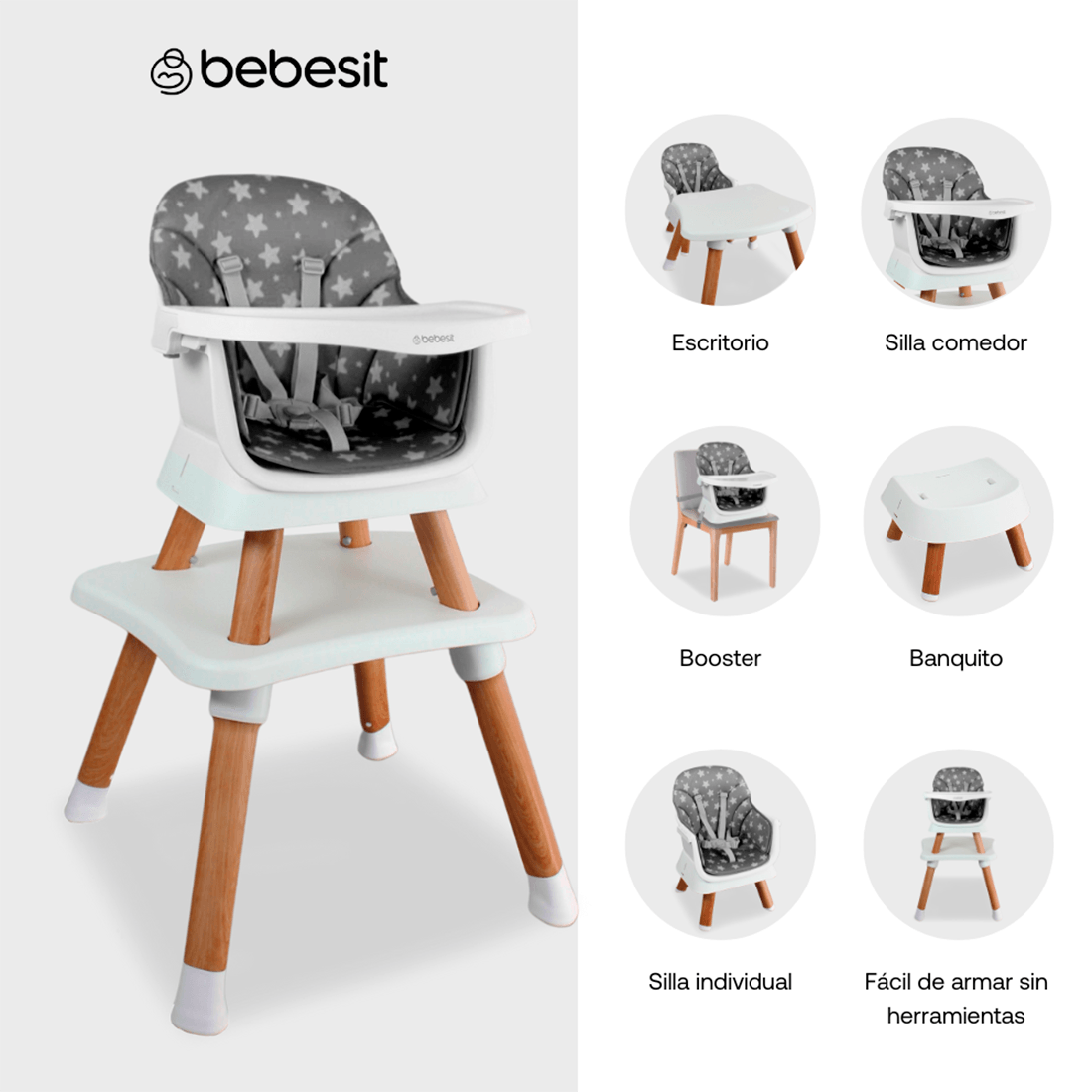 Silla Comedor para Bebé Baby Elite Dinner 5 en 1 Gris - Bebesit